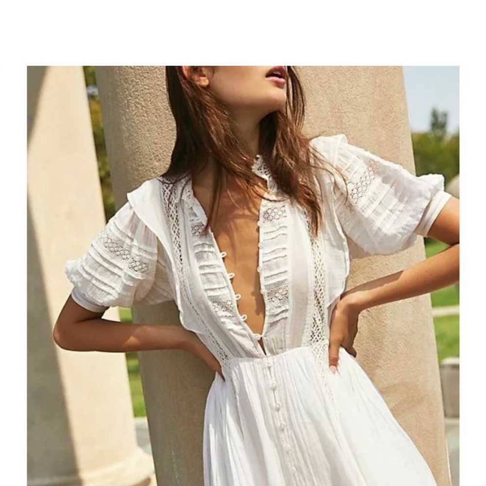 Free People White Lace boho  Dress size large belted waist - Picture 9 of 11